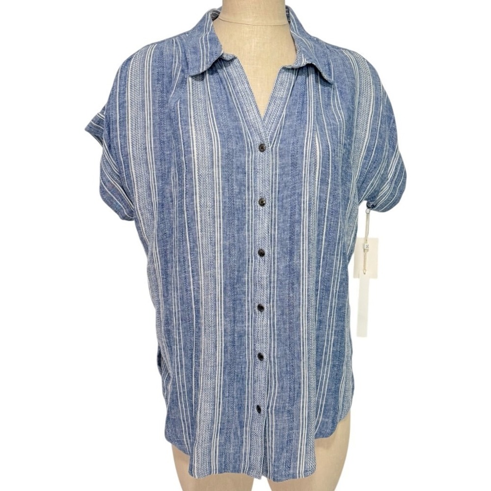 Caslon Albia Stripe Top Medium Blue White Linen Rayon Button Front Shirt Blouse